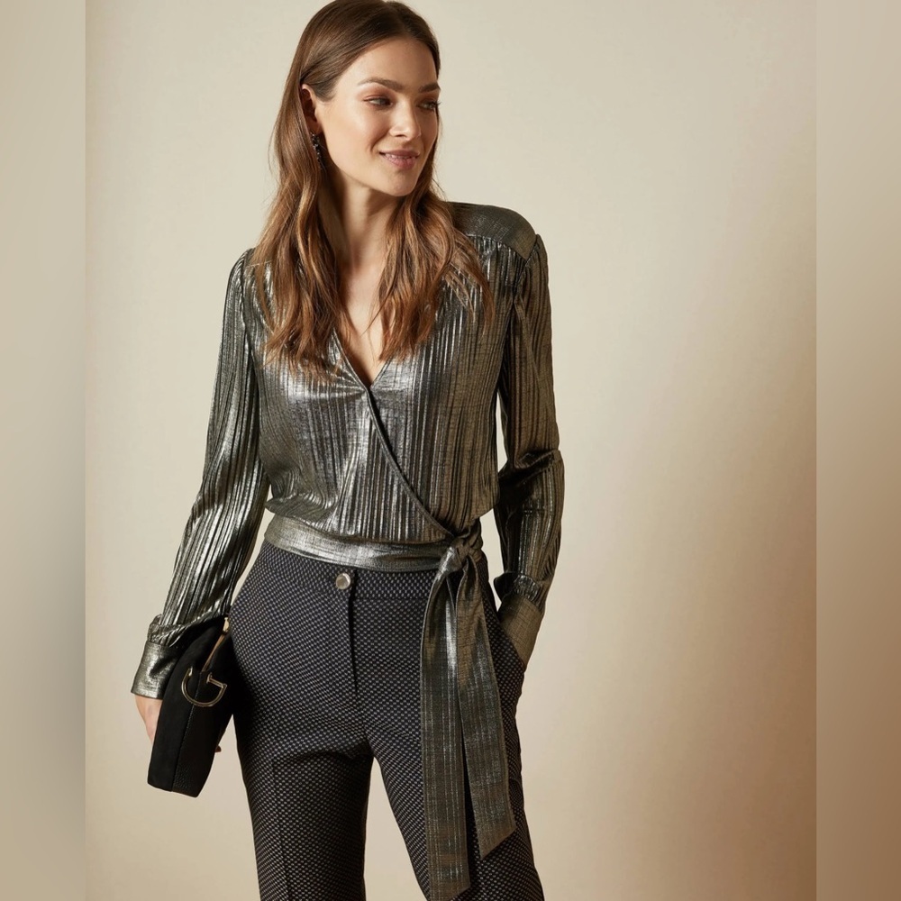 Ted Baker Elwiira Gathered Metallic Wrap Top - Gray Large